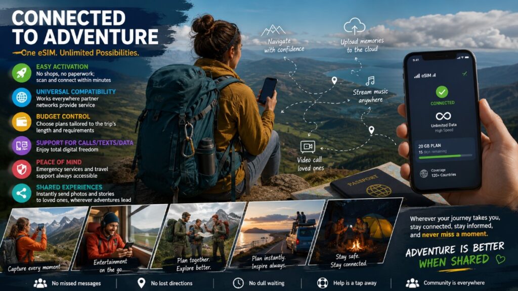 Adventure traveler using a smartphone with eSIM connectivity on a mountain overlook, showcasing navigation, cloud sharing, video calls, and unlimited mobile data during outdoor travel