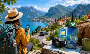 Traveler with a backpack using a smartphone on a mountain viewpoint overlooking a lake, winding road, and European village during an outdoor adventure.