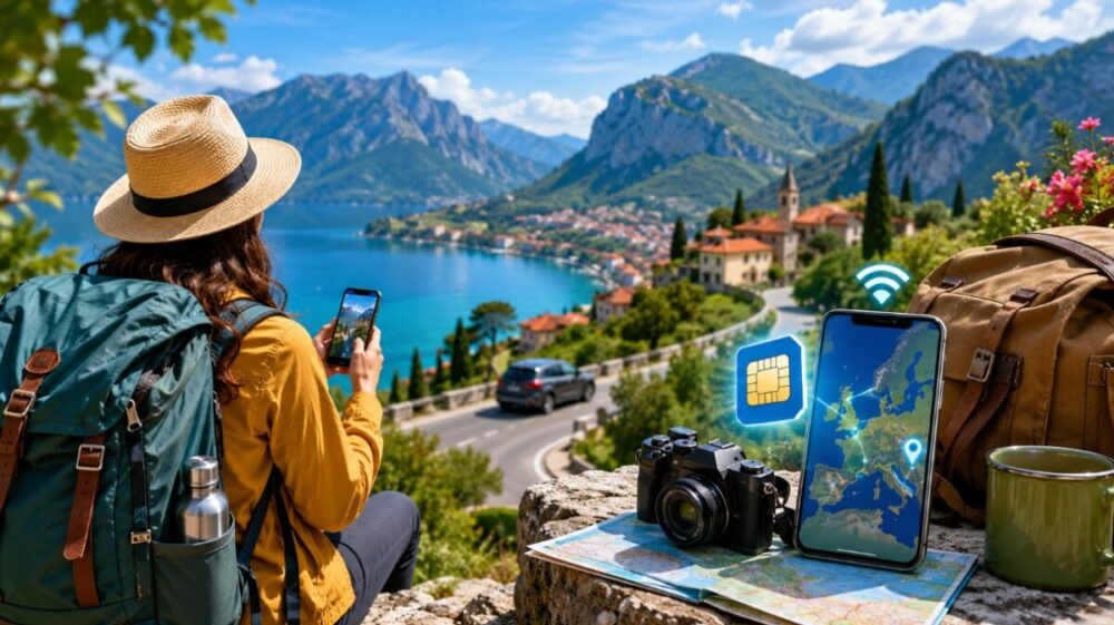 Traveler with a backpack using a smartphone on a mountain viewpoint overlooking a lake, winding road, and European village during an outdoor adventure.