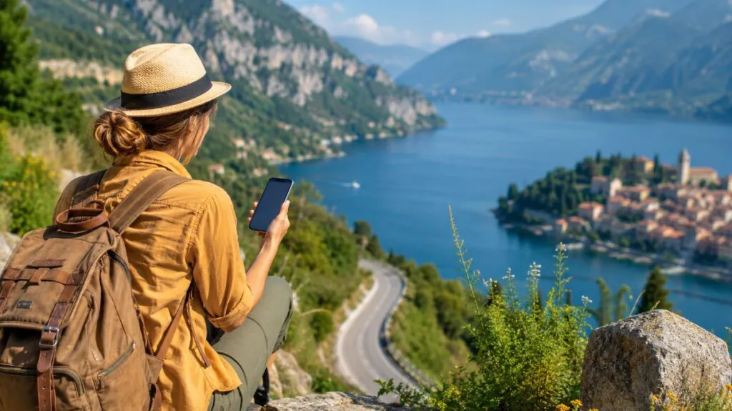 Solo traveler using a smartphone on a mountain overlook above a lake and European village while staying connected during an outdoor adventure.