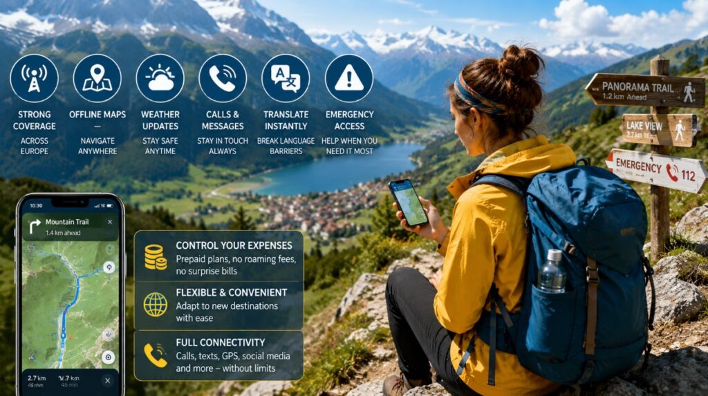 Traveler using a smartphone on a mountain trail overlooking a European valley, demonstrating reliable mobile connectivity for navigation and travel safety