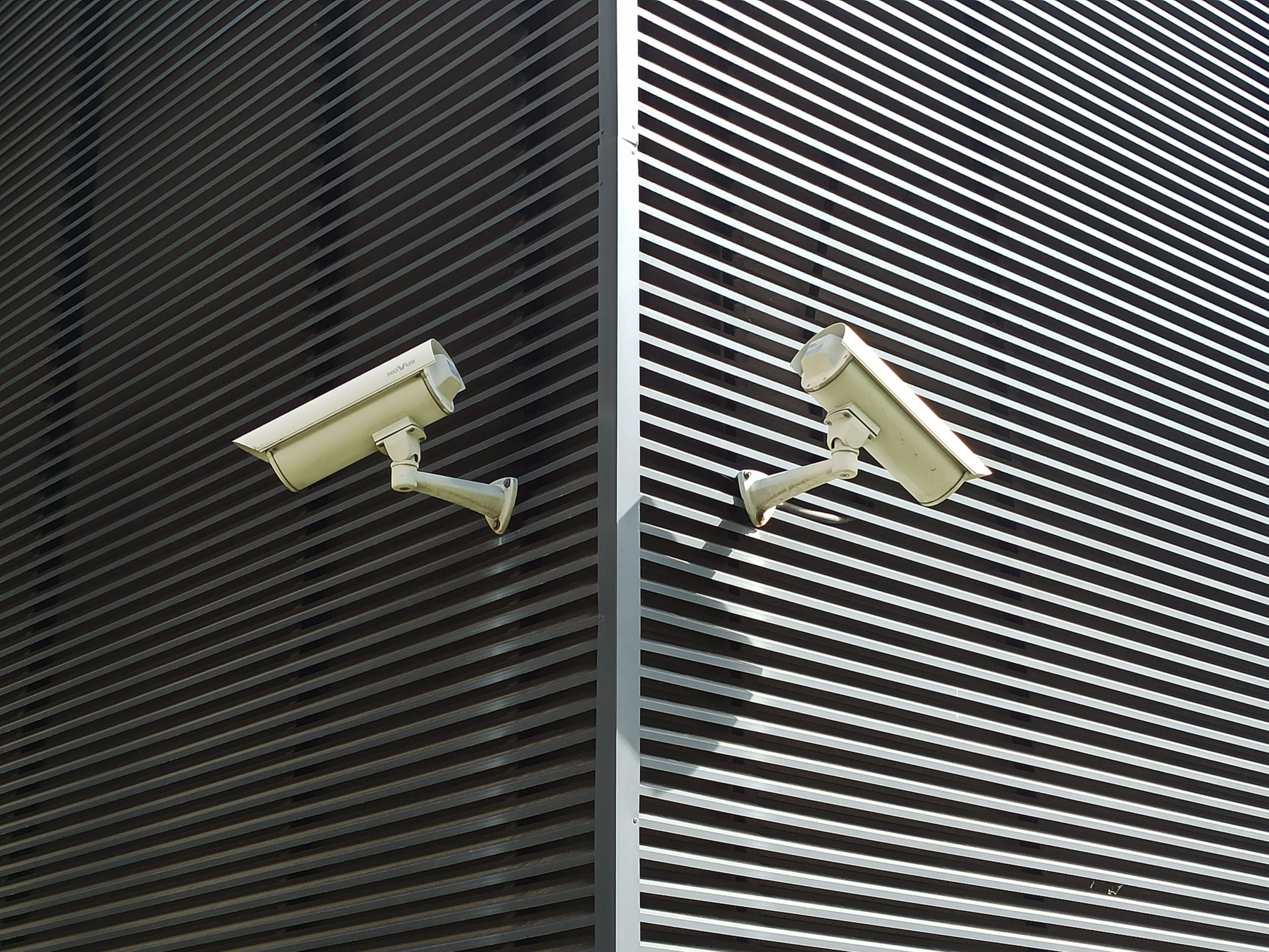 Two security cameras mounted on a slatted wall for home surveillance